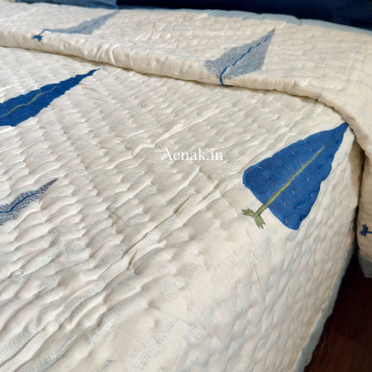 Blue Cypress Handblock Reversible Mulmul Cotton Quilt
