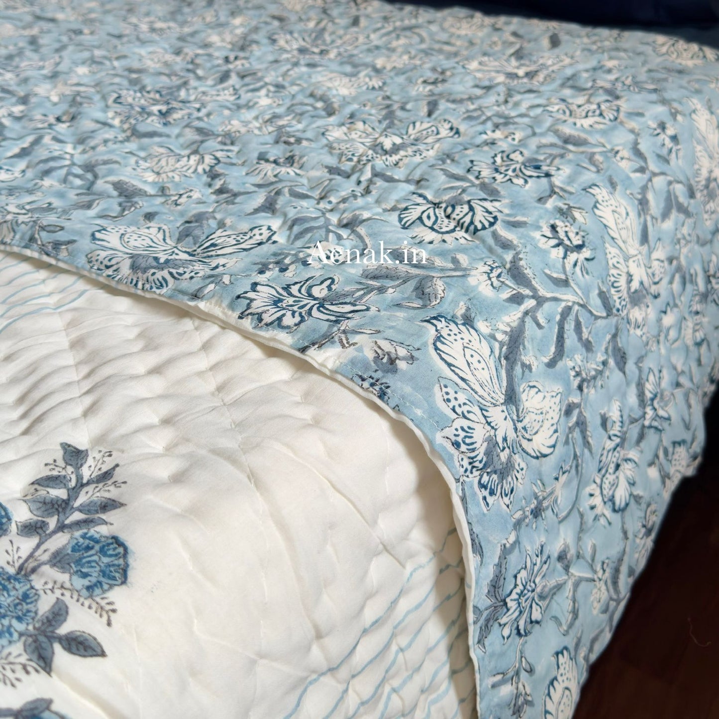 Blue Phool Boota Handblock Reversible Mulmul Cotton Quilt