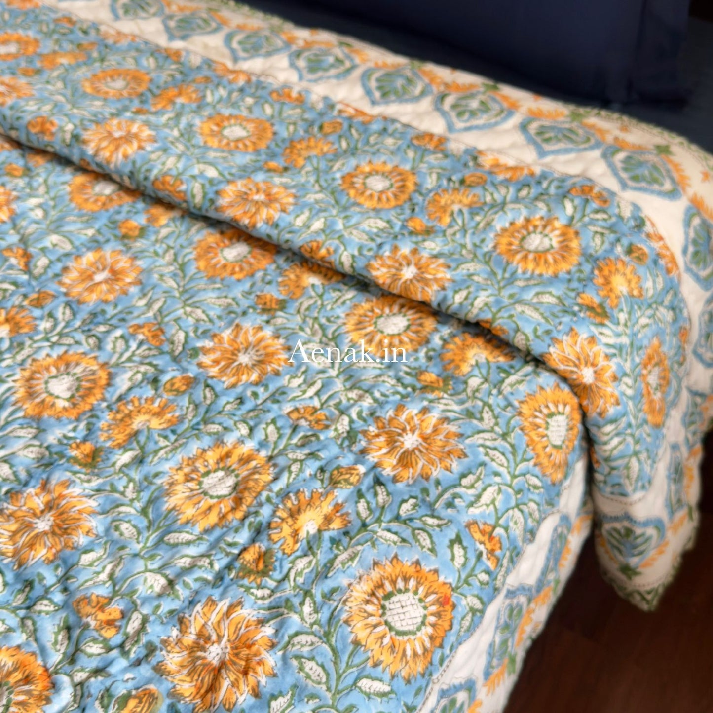 Blue & Yellow Floral Garden Handblock Reversible Mulmul Cotton Quilt