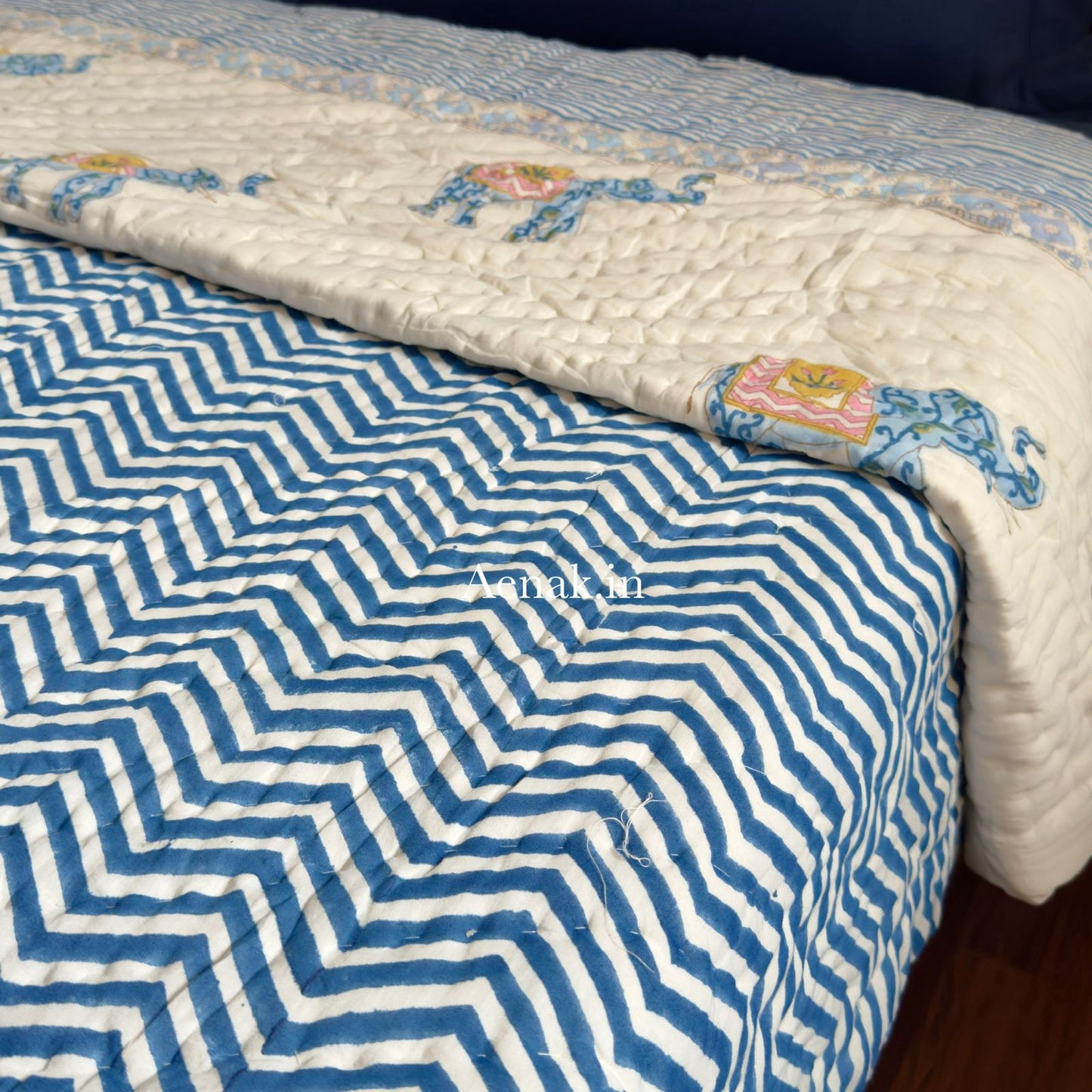 Blue Chevron Elephant Handblock Reversible Mulmul Cotton Quilt