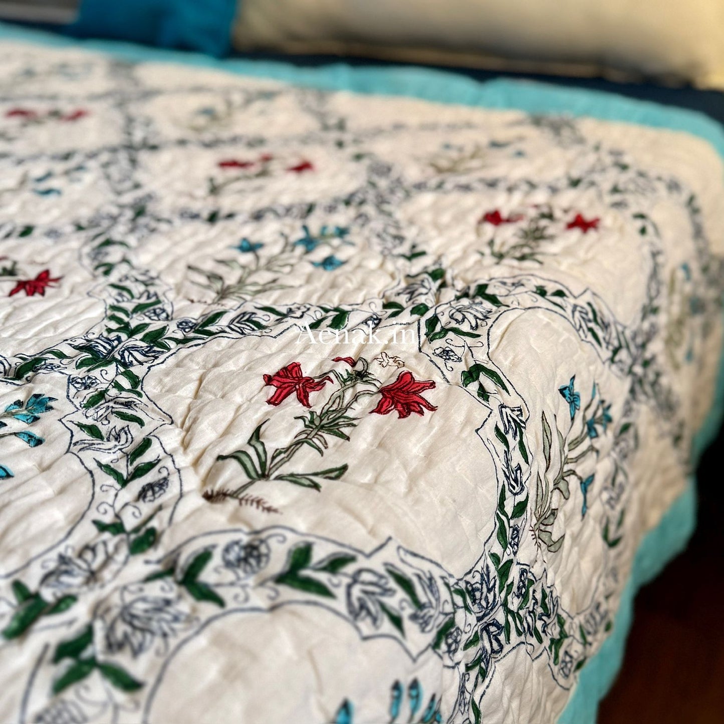Red Blue Floral Jaal Handblock Reversible Mulmul Cotton Quilt