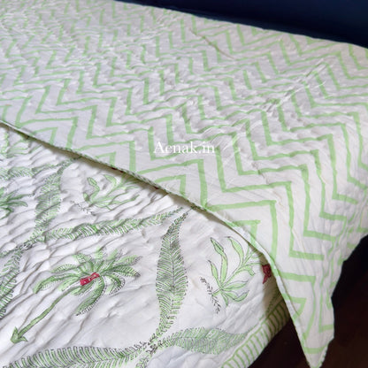 Green Palm Handblock Reversible Mulmul Cotton Quilt
