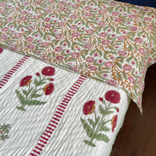 Red Dahlia Handblock Reversible Mulmul Cotton Quilt