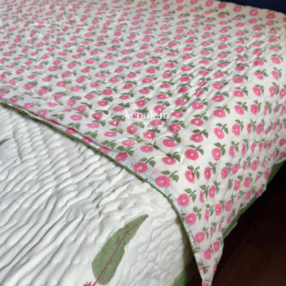 Pink Madhumati Handblock Reversible Mulmul Cotton Quilt