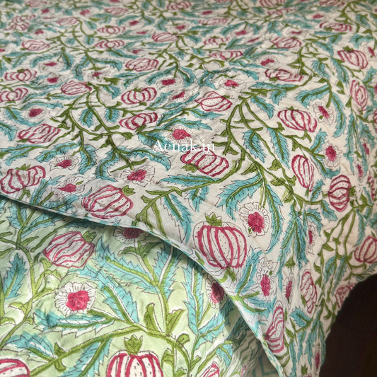 Red Anaar Handblock Reversible Mulmul Cotton Quilt