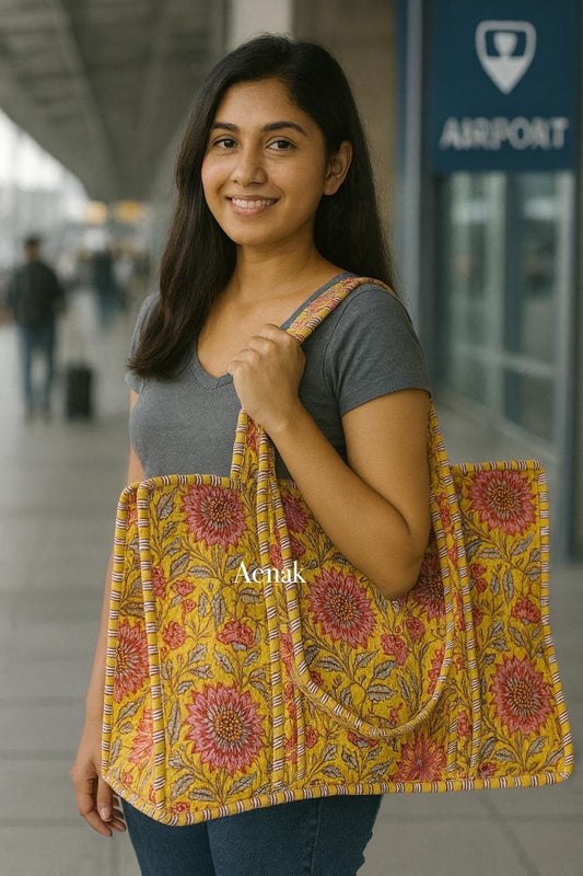 Peach Sunflower Quilted Cotton Travel Bag