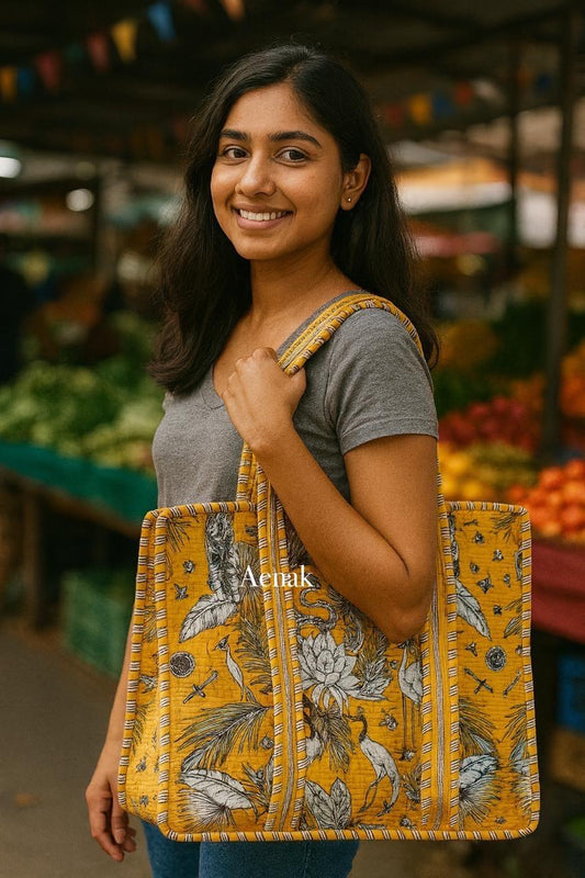 Grey Phool & Bird Quilted Cotton Travel Bag
