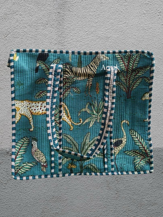 Teal Blue Jungle Quilted Cotton Travel Bag