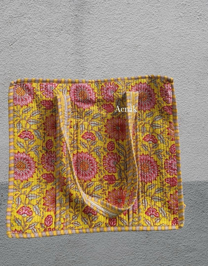 Peach Sunflower Quilted Cotton Zipper Travel Bag