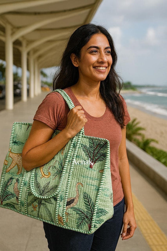 Light Green Jungle Quilted Cotton Travel Bag