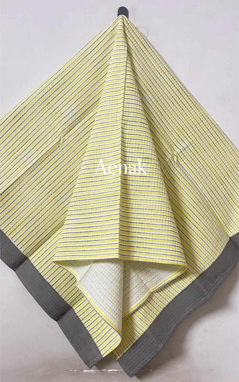 Yellow Grey Handblock Printed Waffle Cotton Bathing Towel