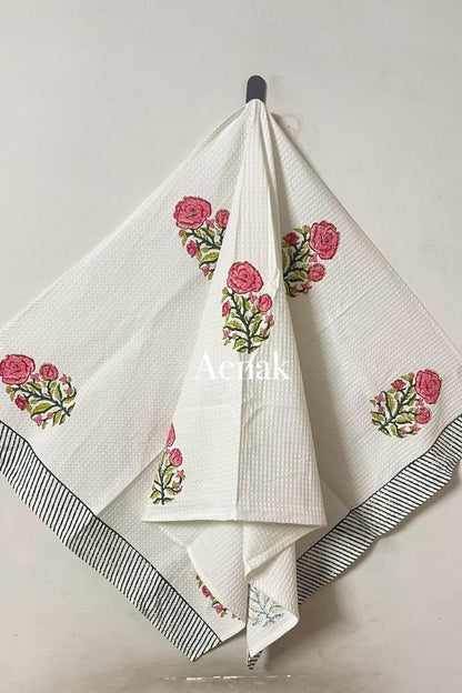 Pink Rose Handblock Waffle Cotton Bathing Towel