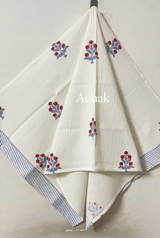 Rubby Red Phool Handblock Printed Waffle Cotton Bathing Towel