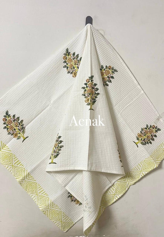 Green & Yellow Phool Handblock Printed Waffle Cotton Bathing Towel