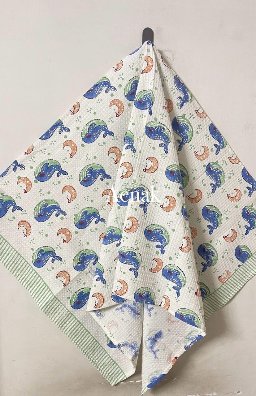 Blue Whale Handblock Printed Waffle Cotton Bathing Towel