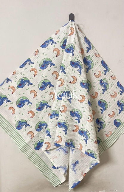 Blue Whale Handblock Printed Waffle Cotton Bathing Towel