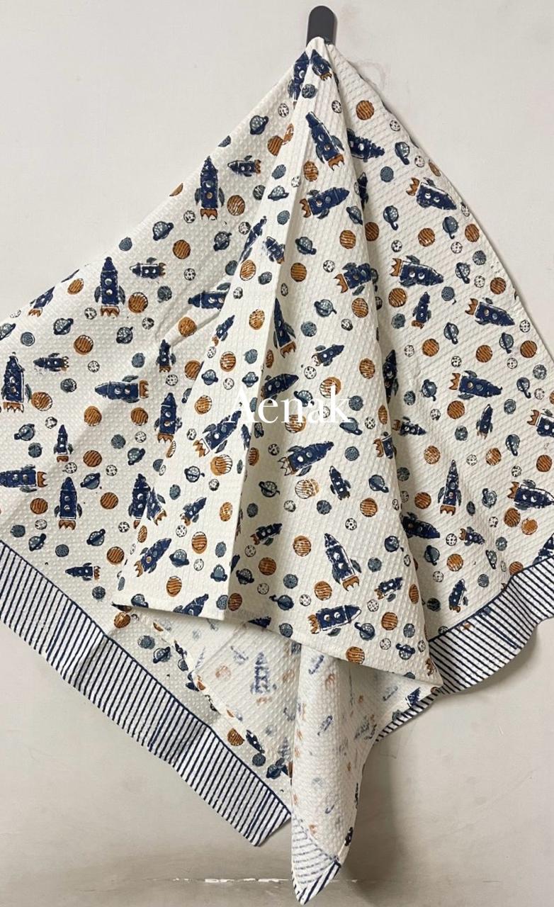 Rocket & Space Handblock Printed Waffle Cotton Bathing Towel