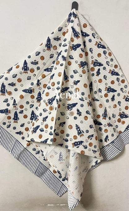 Rocket & Space Handblock Printed Waffle Cotton Bathing Towel