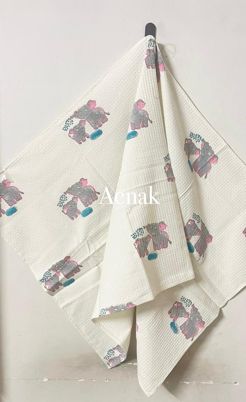 Grey Elephant Handblock Printed Waffle Cotton Bathing Towel