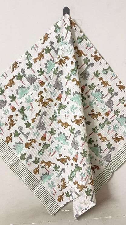 Dinosaur Handblock Printed Waffle Cotton Bathing Towel