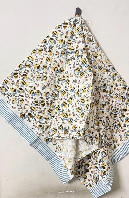 Honey Bee Handblock Printed Waffle Cotton Bathing Towel