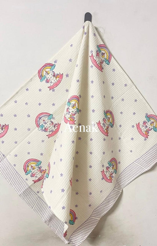 Rainbow Unicorn Handblock Printed Waffle Cotton Bathing Towel