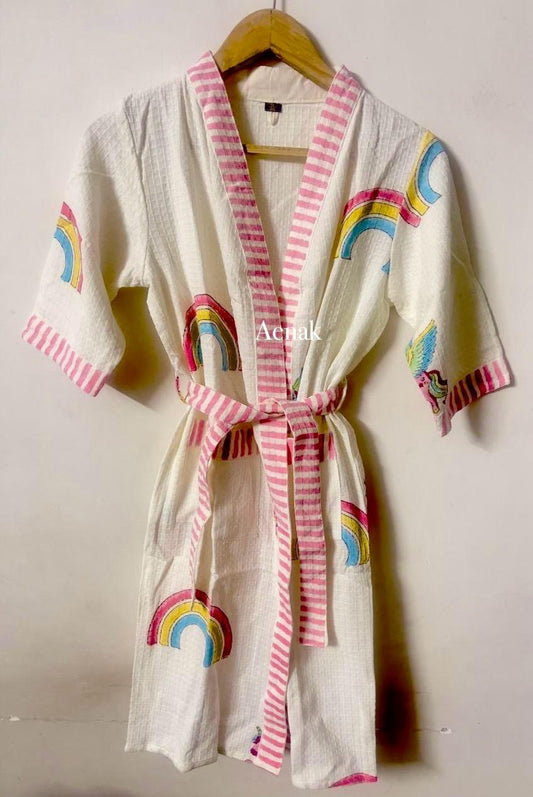 Rainbow Print Handblock Cotton Bathrobe