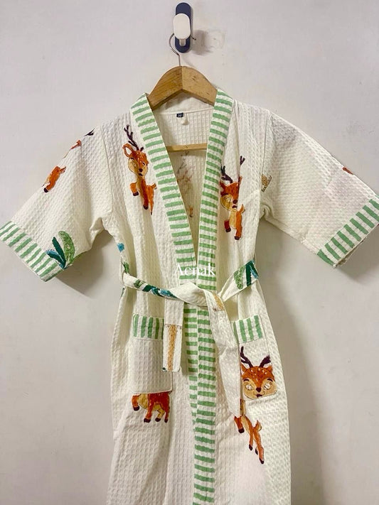 Cute Deer Print Handblock Cotton Bathrobe
