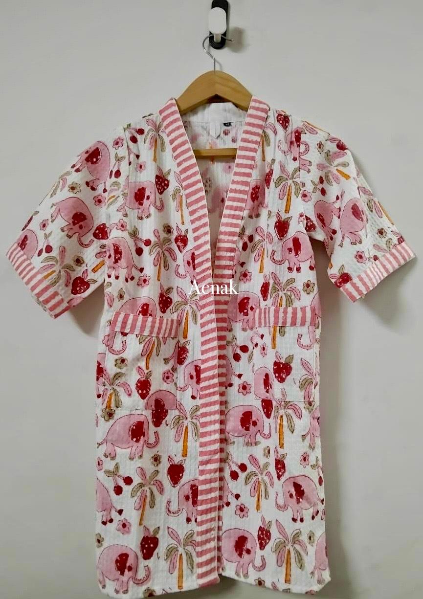 Pink Elephant Handblock Cotton Bathrobe