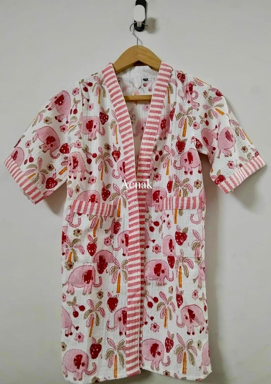 Pink Elephant Handblock Cotton Bathrobe