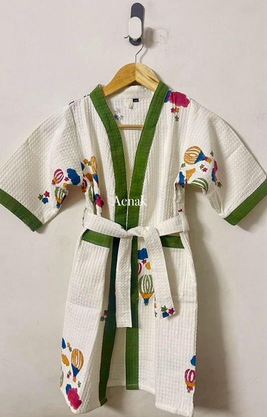 Yellow & Green Handblock Cotton Bathrobe