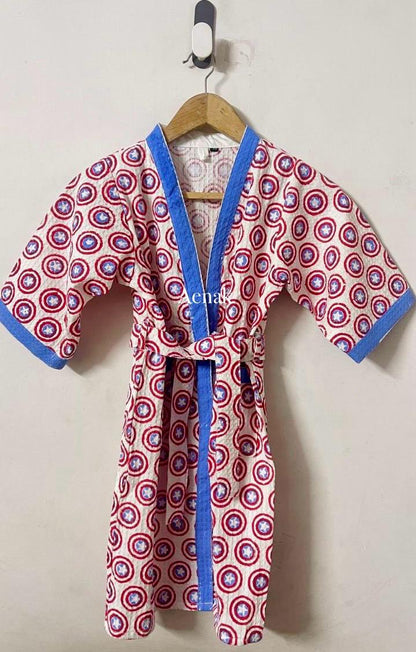 Red Circle Handblock Cotton Bathrobe