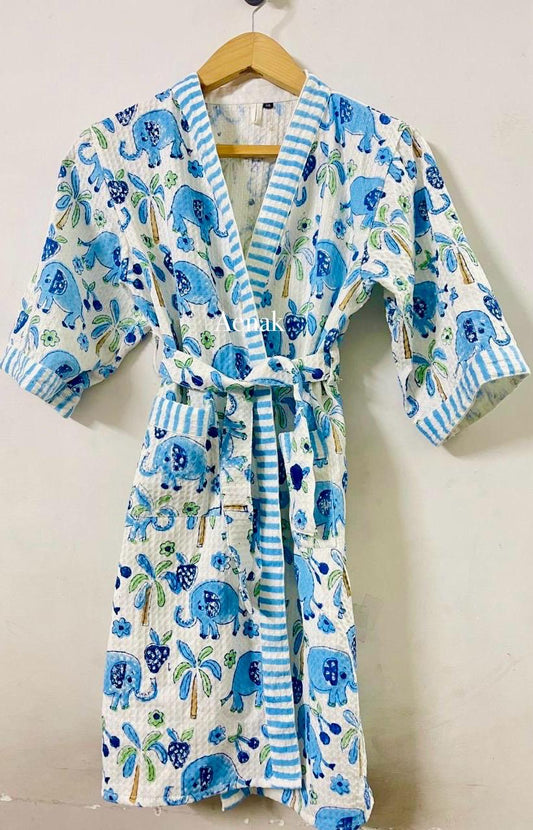 Blue Elephant Handblock Cotton Bathrobe