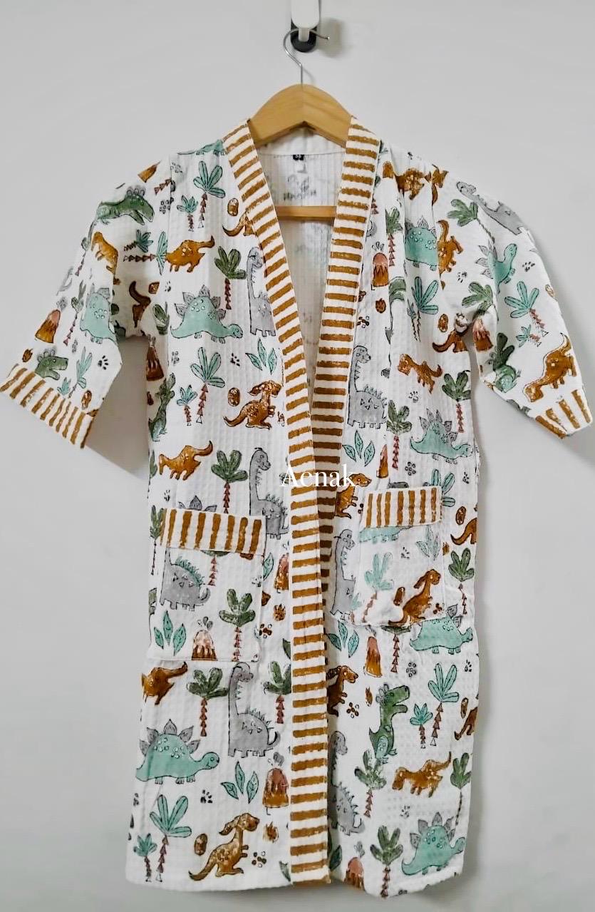 Dinosaur Printed Handblock Cotton Bathrobe Set
