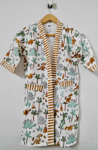 Dinosaur Printed Handblock Cotton Bathrobe Set