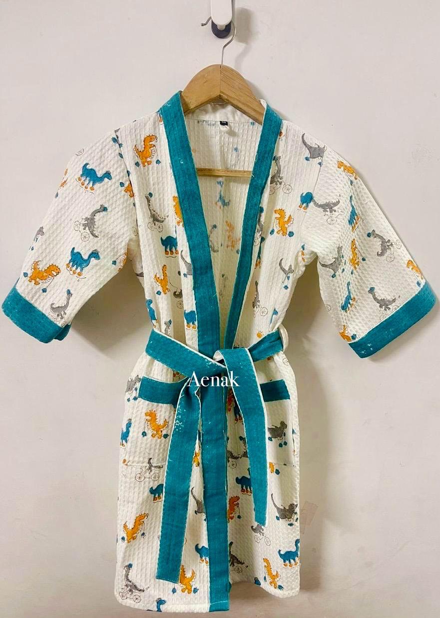 Dino Print Handblock Cotton Bathrobe