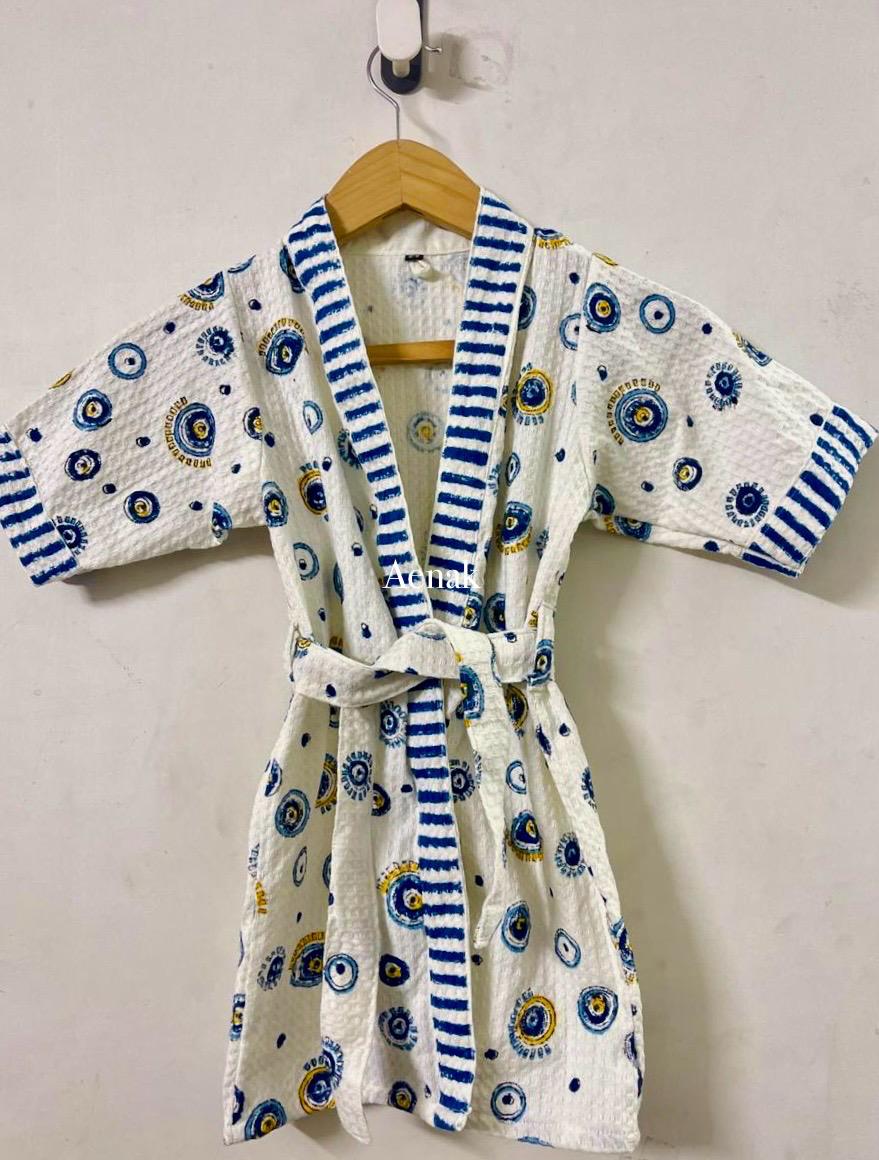 Blue Circle Handblock Cotton Bathrobe