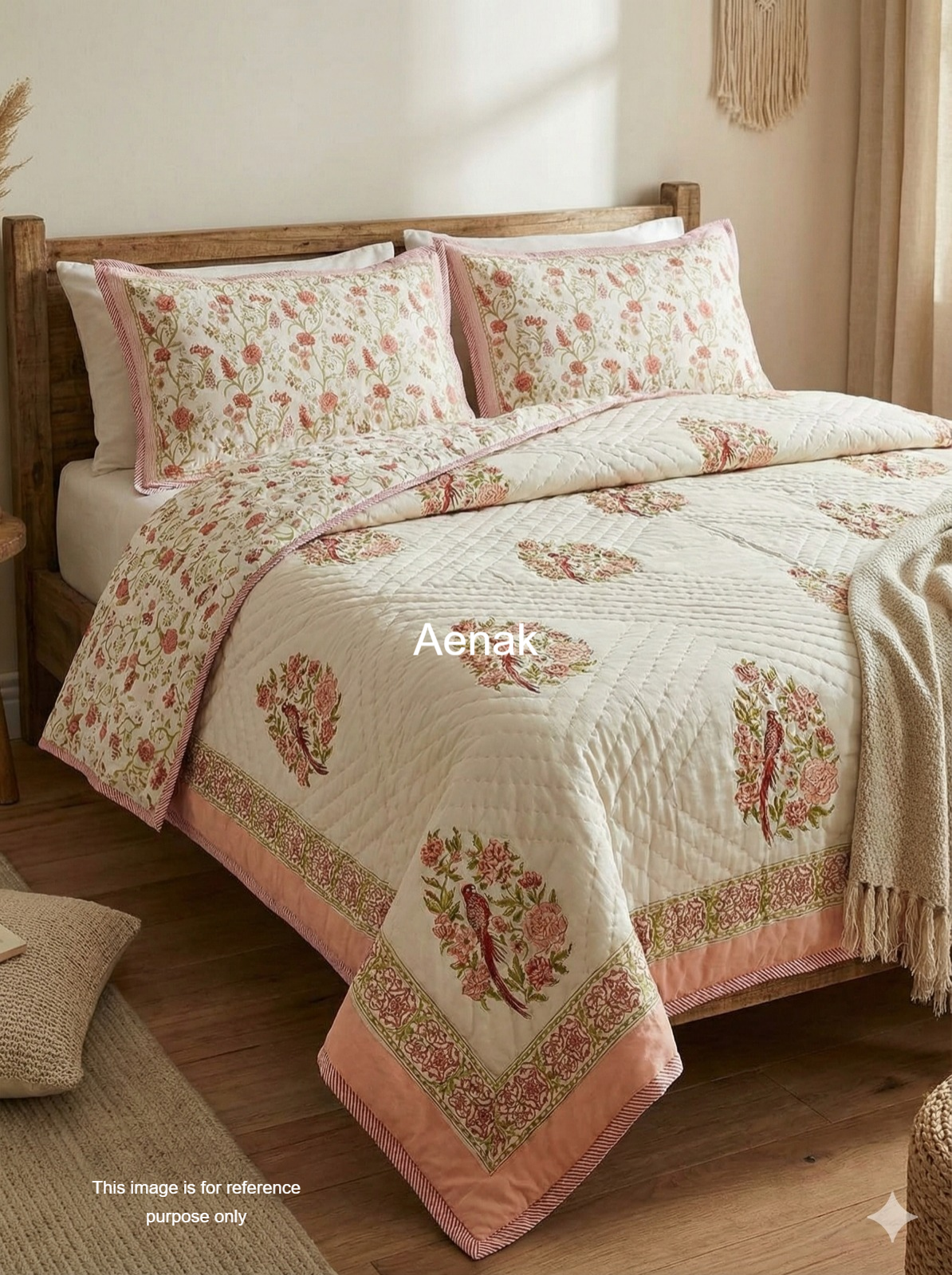 Peach Bird Boota Handblock Reversible Mulmul Cotton Single Quilt
