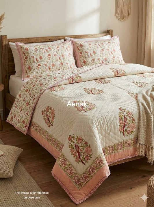 Peach Bird Boota Handblock Reversible Mulmul Cotton Single Quilt