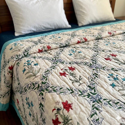 Red Blue Floral Jaal Handblock Reversible Mulmul Cotton Quilt