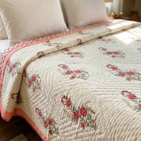 Pink Rose Handblock Reversible Mulmul Cotton Single Quilt