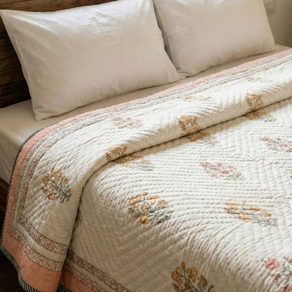 Peach & Yellow Guldasta Handblock Reversible Mulmul Cotton Single Quilt