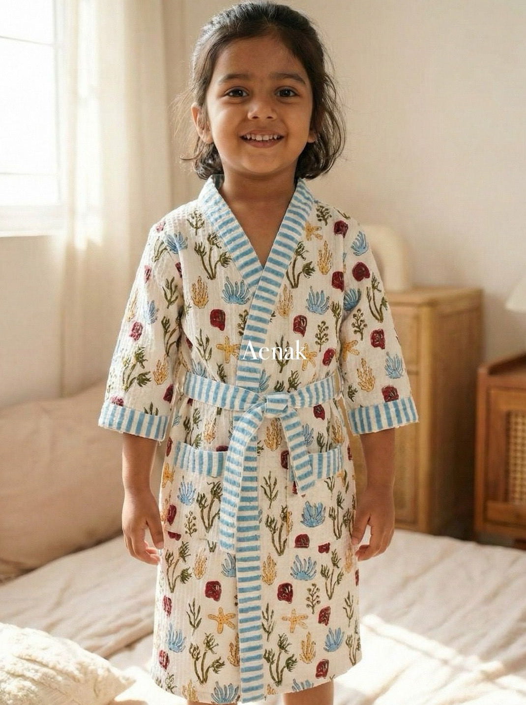 Aquatic Print Handblock Cotton Bathrobe