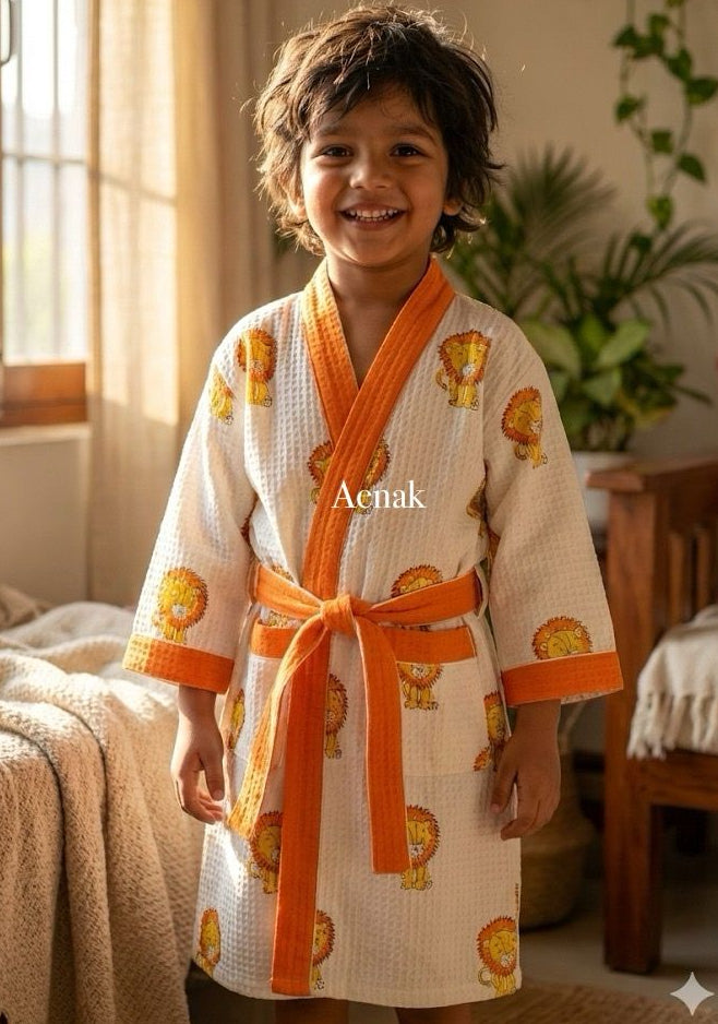 Yellow Lion Handblock Cotton Bathrobe