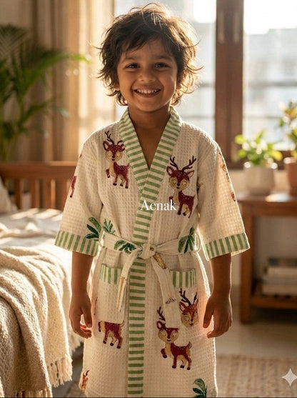Cute Deer Print Handblock Cotton Bathrobe