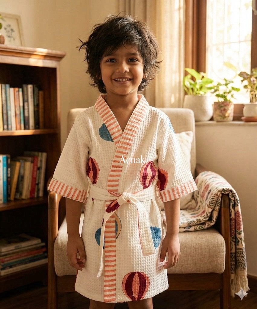 Blue & Red Parachute Handblock Cotton Bathrobe