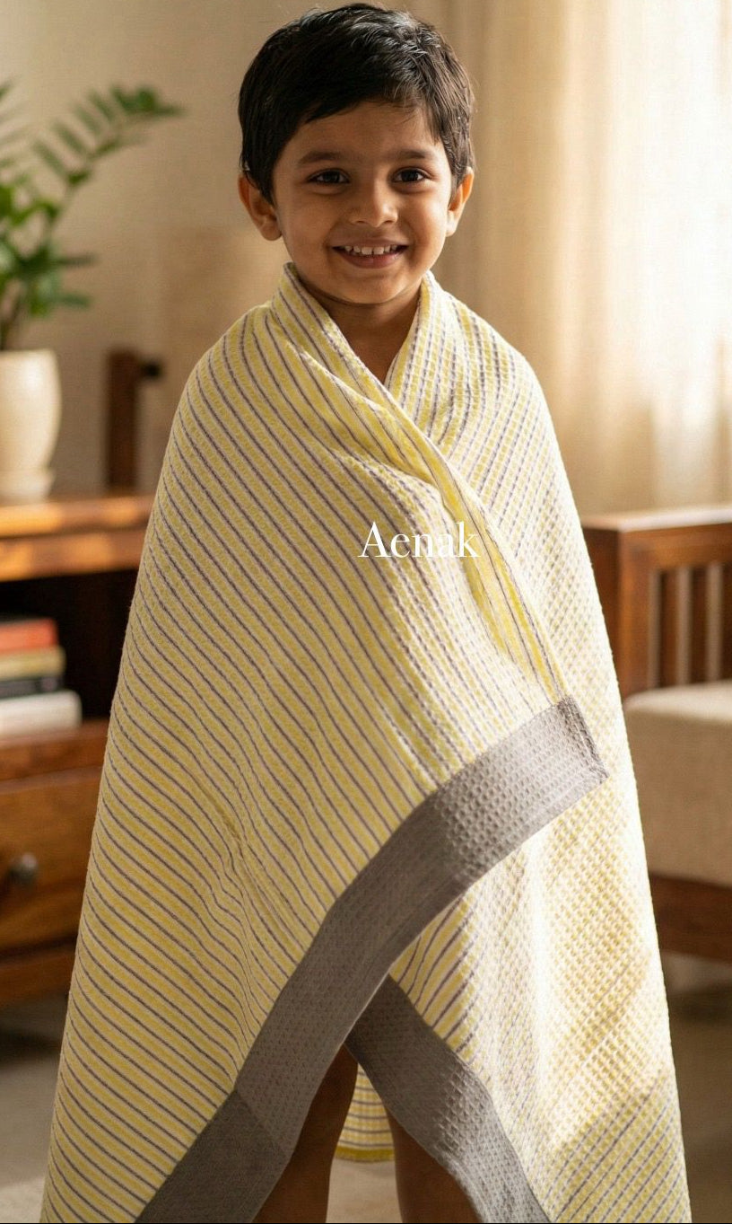 Yellow Grey Handblock Printed Waffle Cotton Bathing Towel