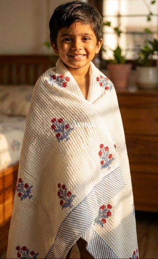 Rubby Red Phool Handblock Printed Waffle Cotton Bathing Towel
