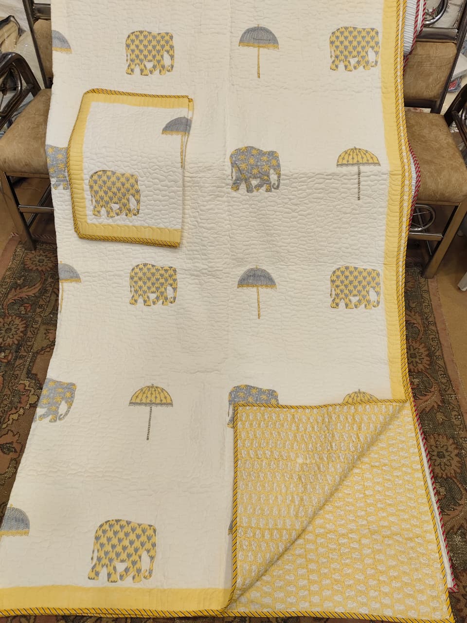 Grey & Yellow Elephant Handblock Reversible Quilted Bedcover Set