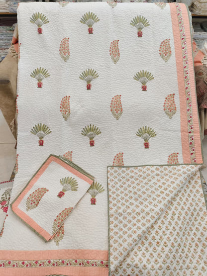 Amber Palm Handblock Reversible Quilted Bedcover Set